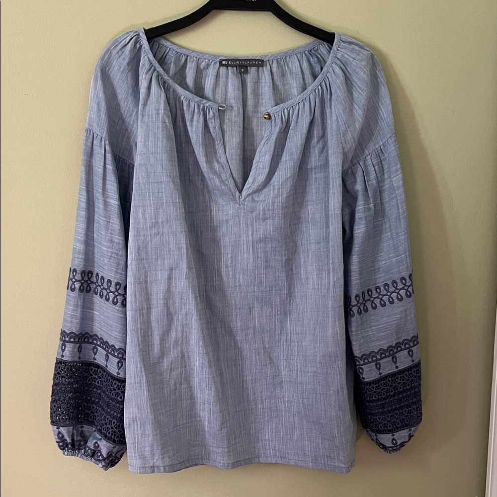 ElliottLauren blue sleeve embroidered tops